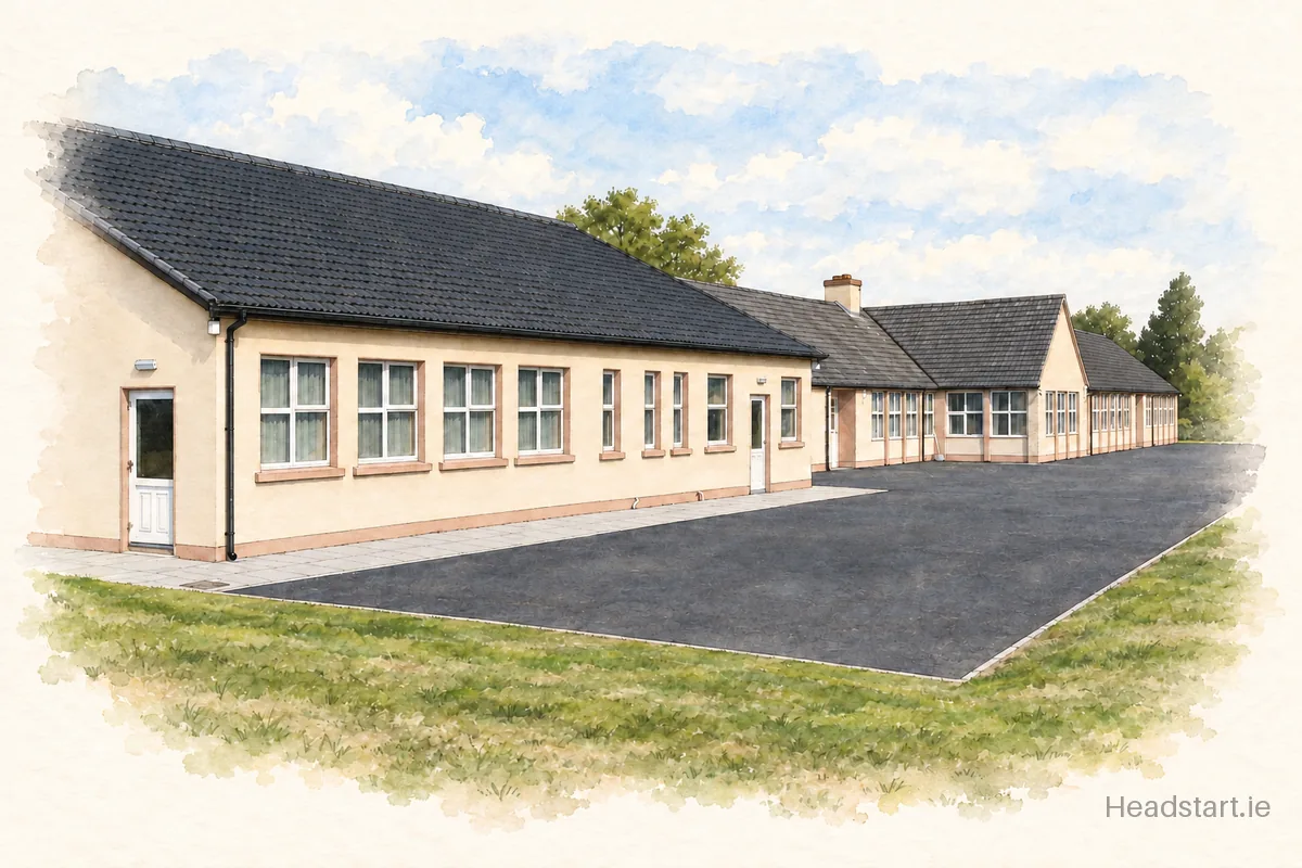 Watercolour illustration of the Drumkilly National School building, Kilnaleck