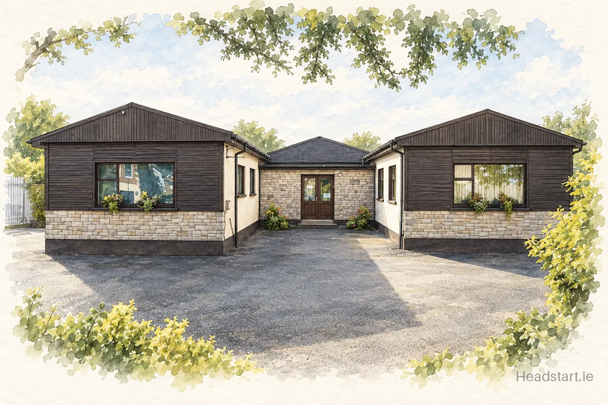 Watercolour illustration of the St Ultans Special School building, Navan