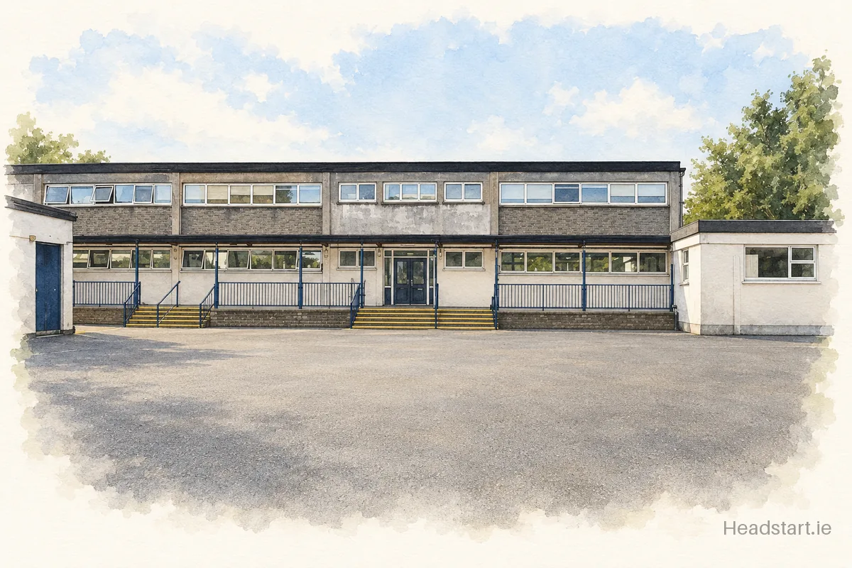 Watercolour illustration of the Scoil Naomh Ide building, Clondalkin