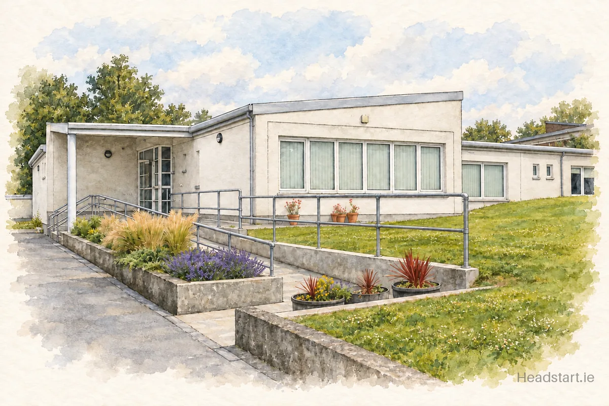 Watercolour illustration of the Scoil Naomh Aine building, Clondalkin Village