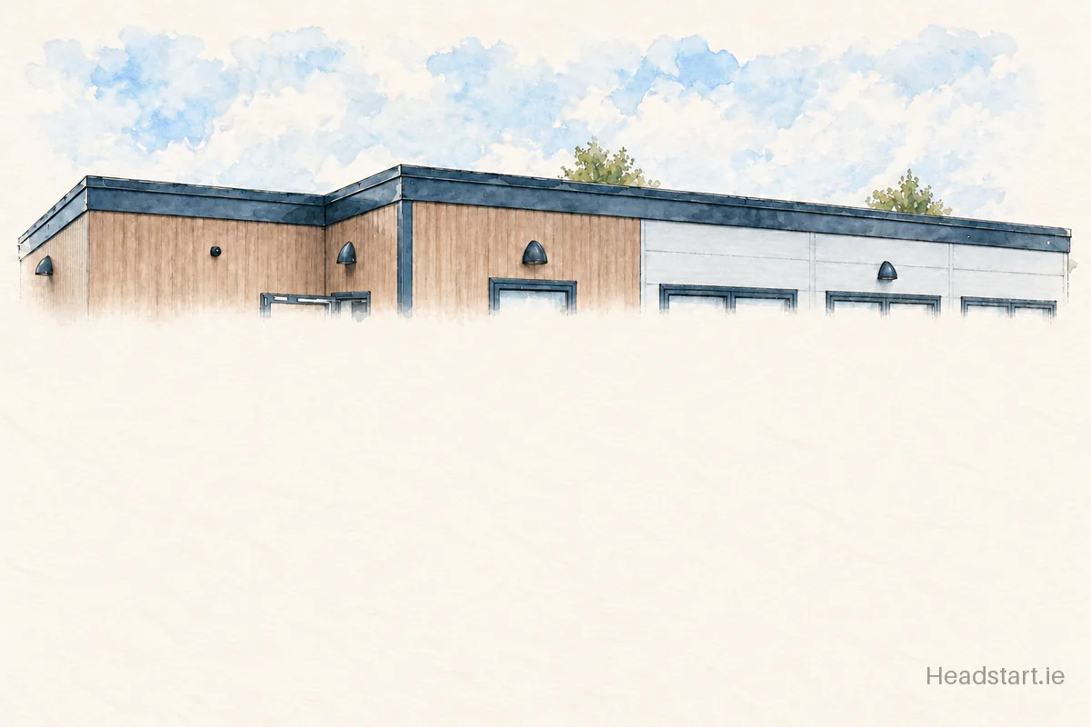 Watercolour illustration of the Scoil Naomh Deagha building, Inniskeen
