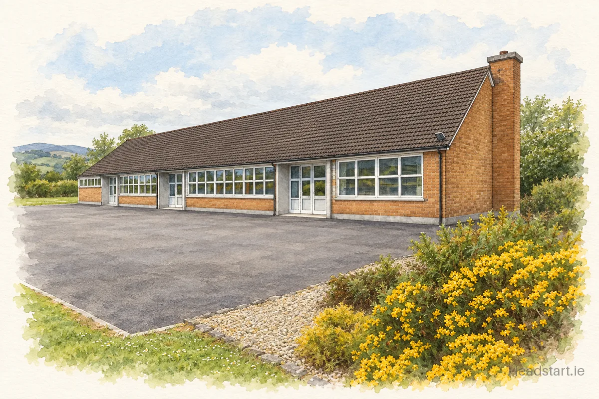 Watercolour illustration of the Strabaggan National School building, CARA DROMA RUISG