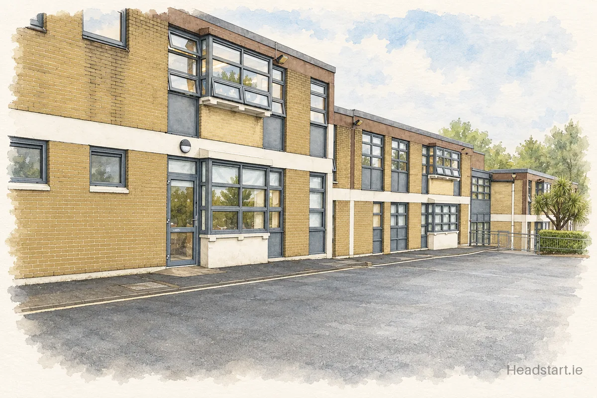Watercolour illustration of the St Patricks Girls National School (Hollypark Gns) building, Foxrock