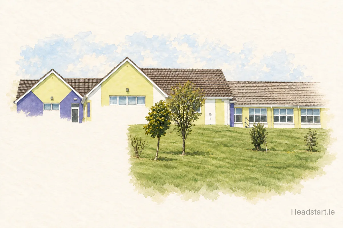 Watercolour illustration of the Scoil Náisiúnta Cholmcille building, Donegal