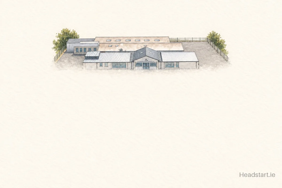 Watercolour illustration of the Scoil Náisiúnta Naomh Iosef building, Clarina