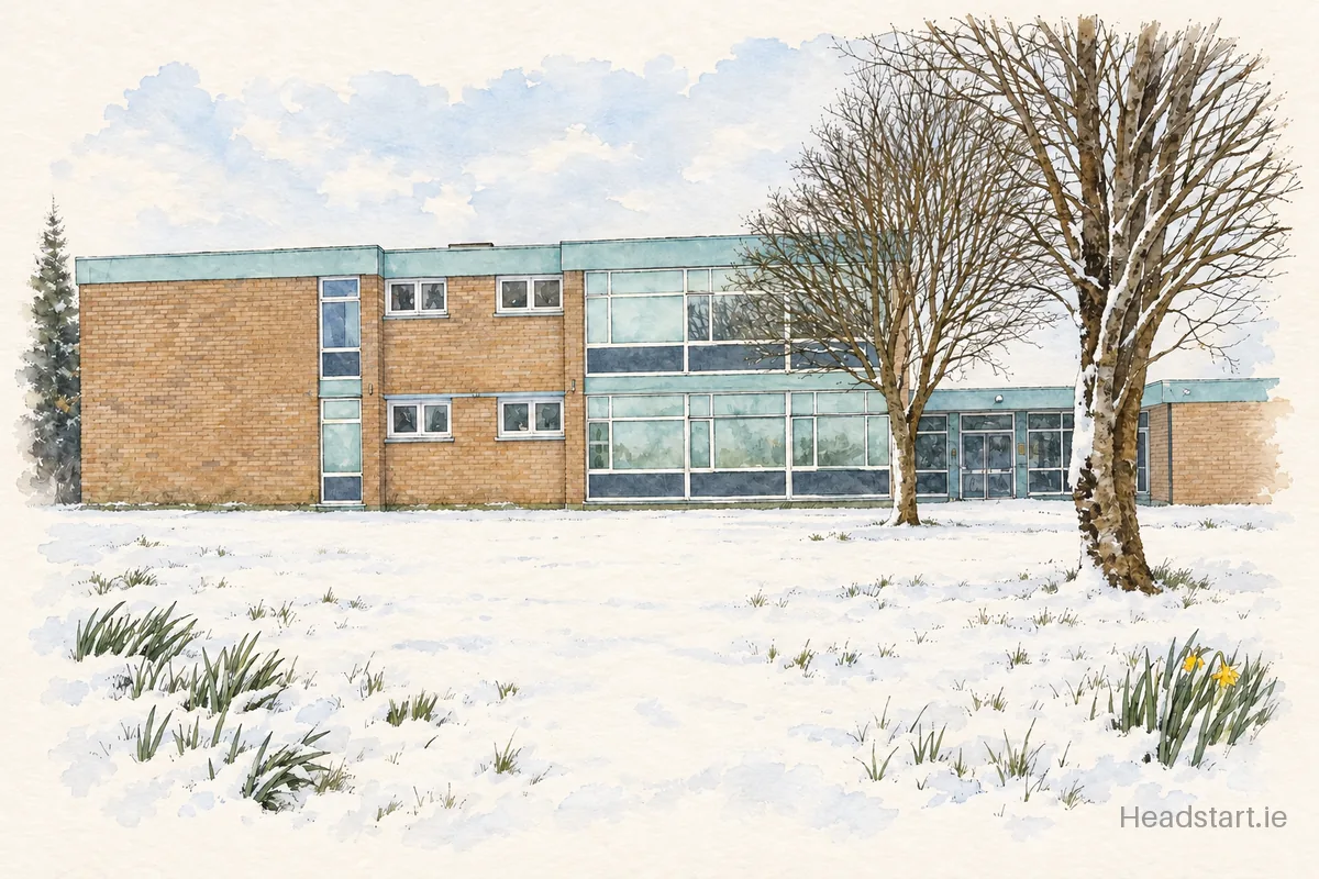 Watercolour illustration of the St Conaires National School building, Shannon