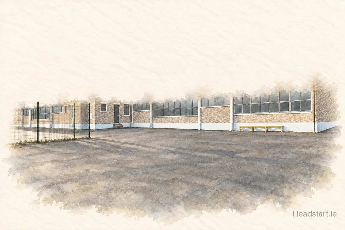 Watercolour illustration of the Scoil Naomh Brid building, Lifford