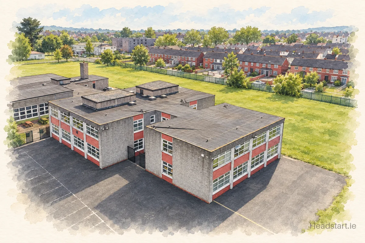 Watercolour illustration of the Scoil Fhursa building, Kilmore West