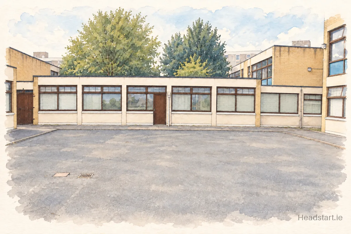 Watercolour illustration of the Virgin Mary Girls School building, Ballymun