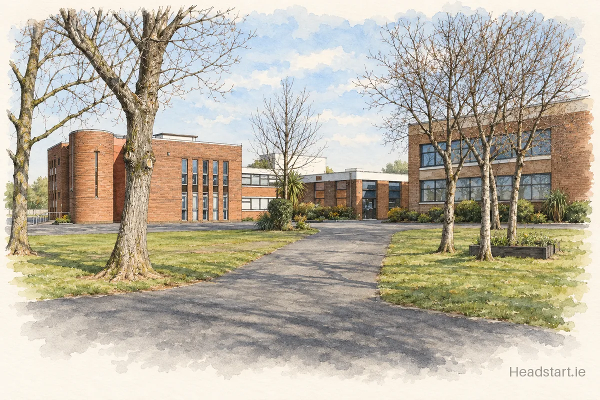 Watercolour illustration of the St Olafs National School building, Dundrum