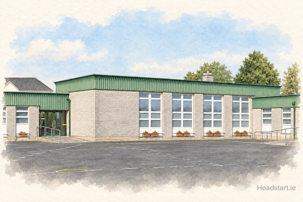 Watercolour illustration of the Mary Queen Of Ireland National School building, Limerick