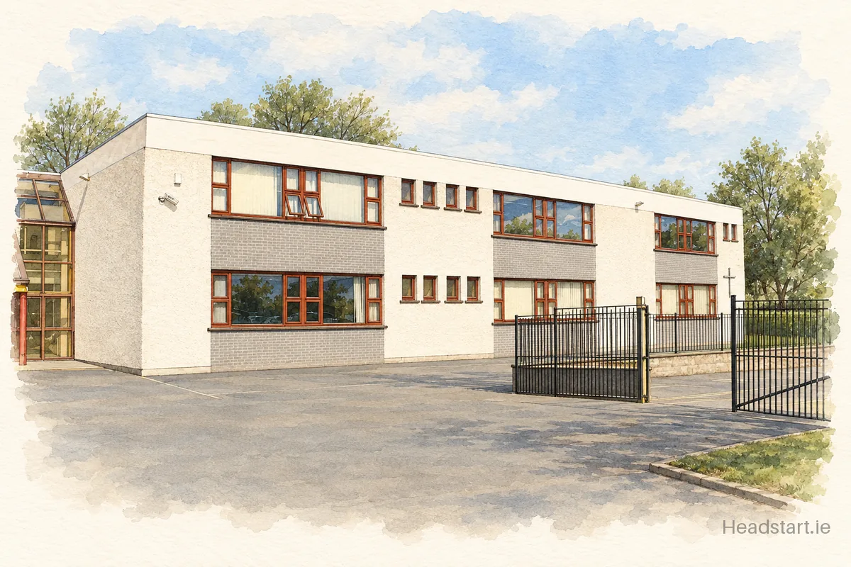 Watercolour illustration of the Guardian Angels National School building, Blackrock