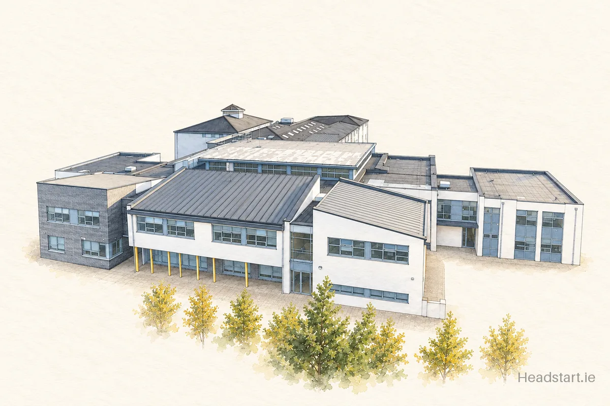 Watercolour illustration of the Scoil Phoil Naofa building, Dooradoyle