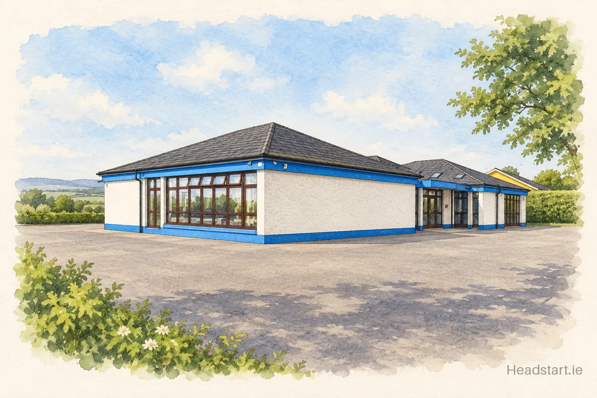 Watercolour illustration of the Scoil Naomh Eoin Baiste building, Kanturk