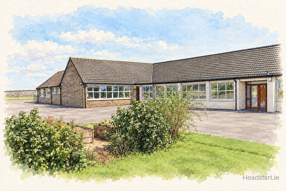 Watercolour illustration of the Kilcredan National School building, Castlemartyr