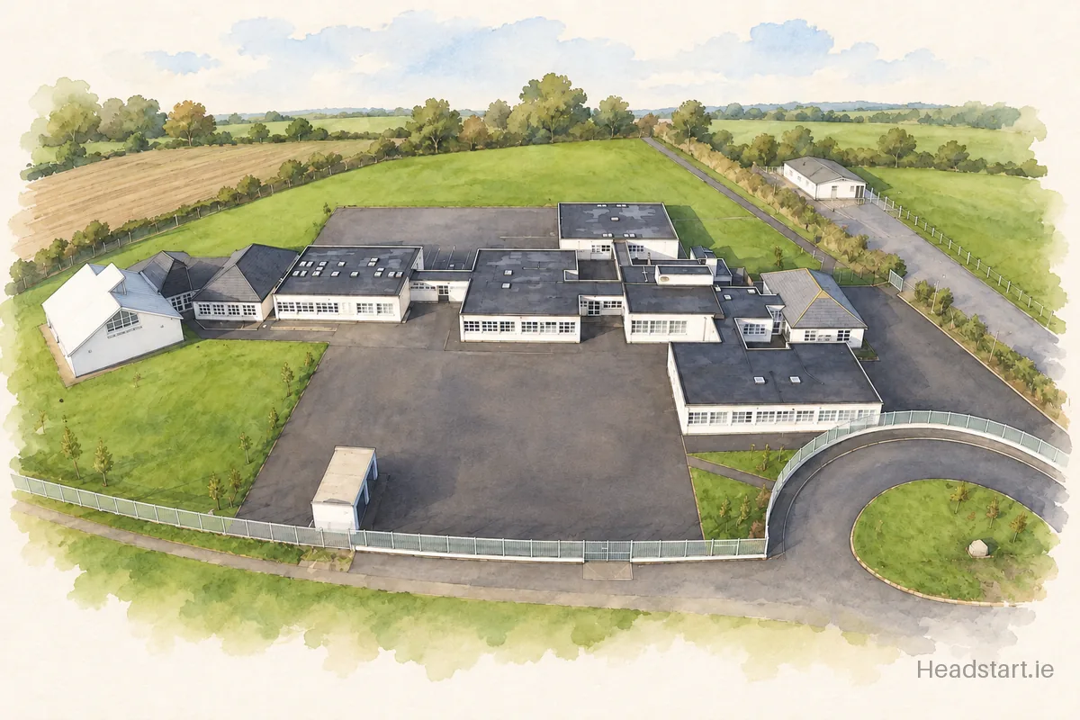 Watercolour illustration of the Scoil Realta Na Mara building, Wexford