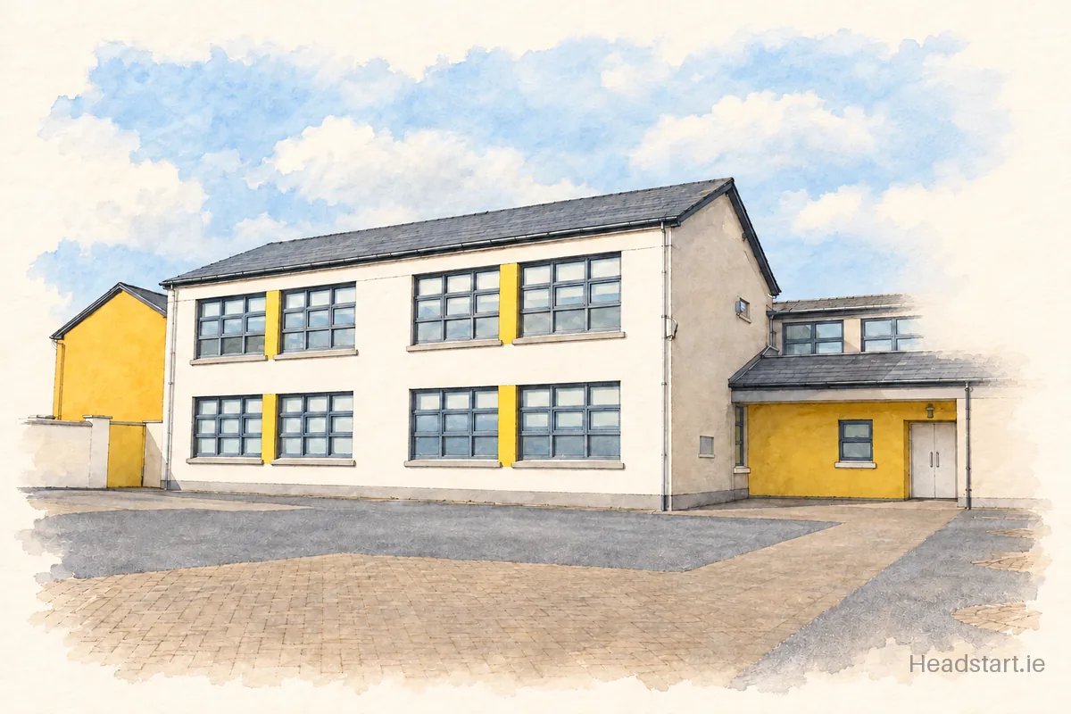 Watercolour illustration of the Scoil Náisiúnta Iognaid building, Galway