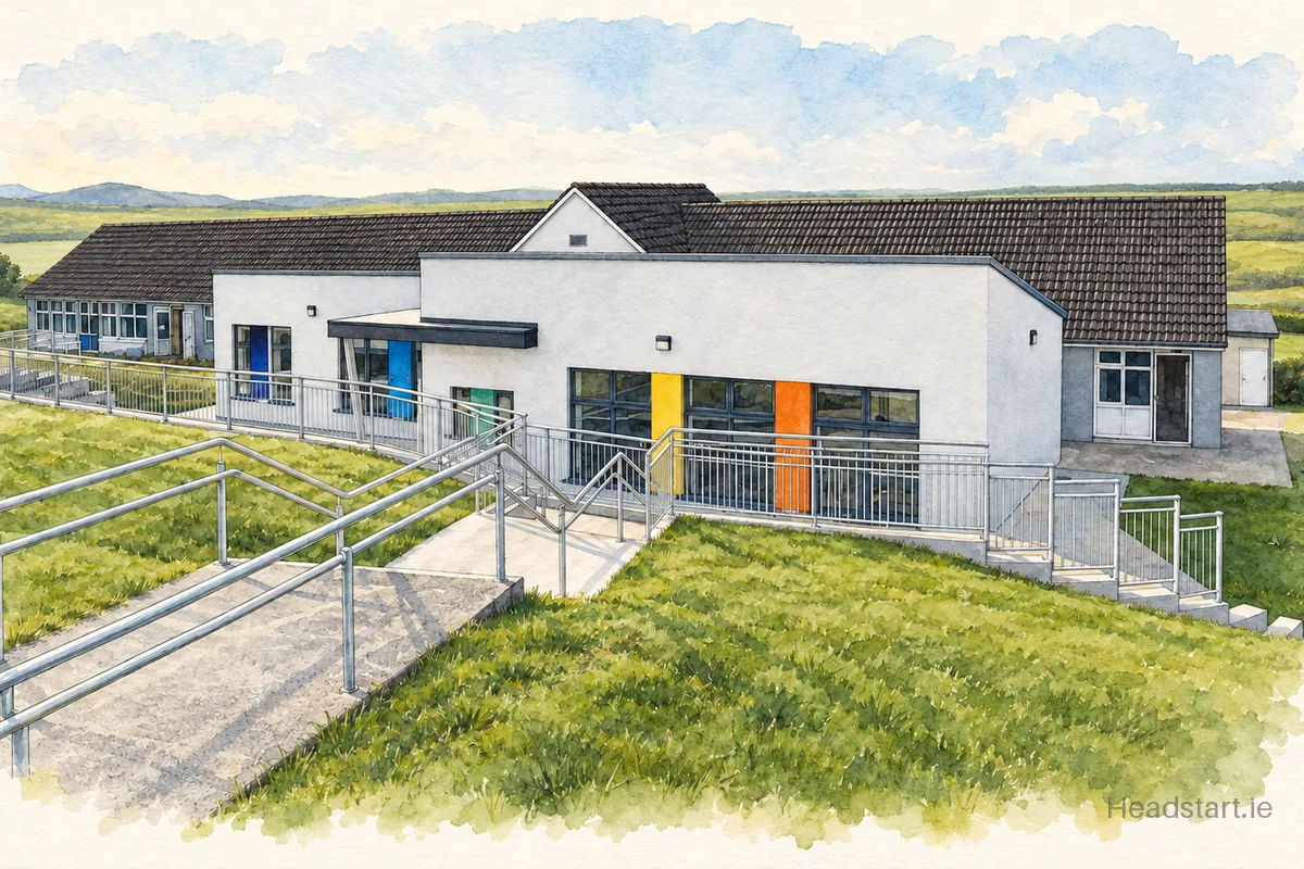 Watercolour illustration of the Rathmore National School building, Skibbereen