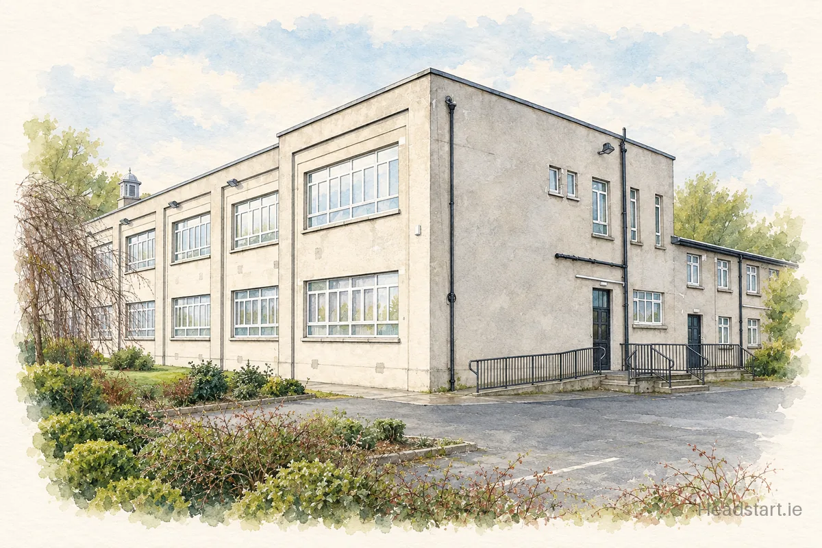Watercolour illustration of the Scoil Eoin building, Crumlin