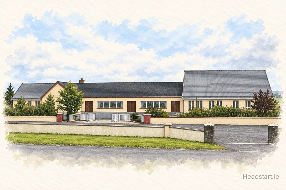 Watercolour illustration of the St. Aiden's National School building, via Ballaghadereen