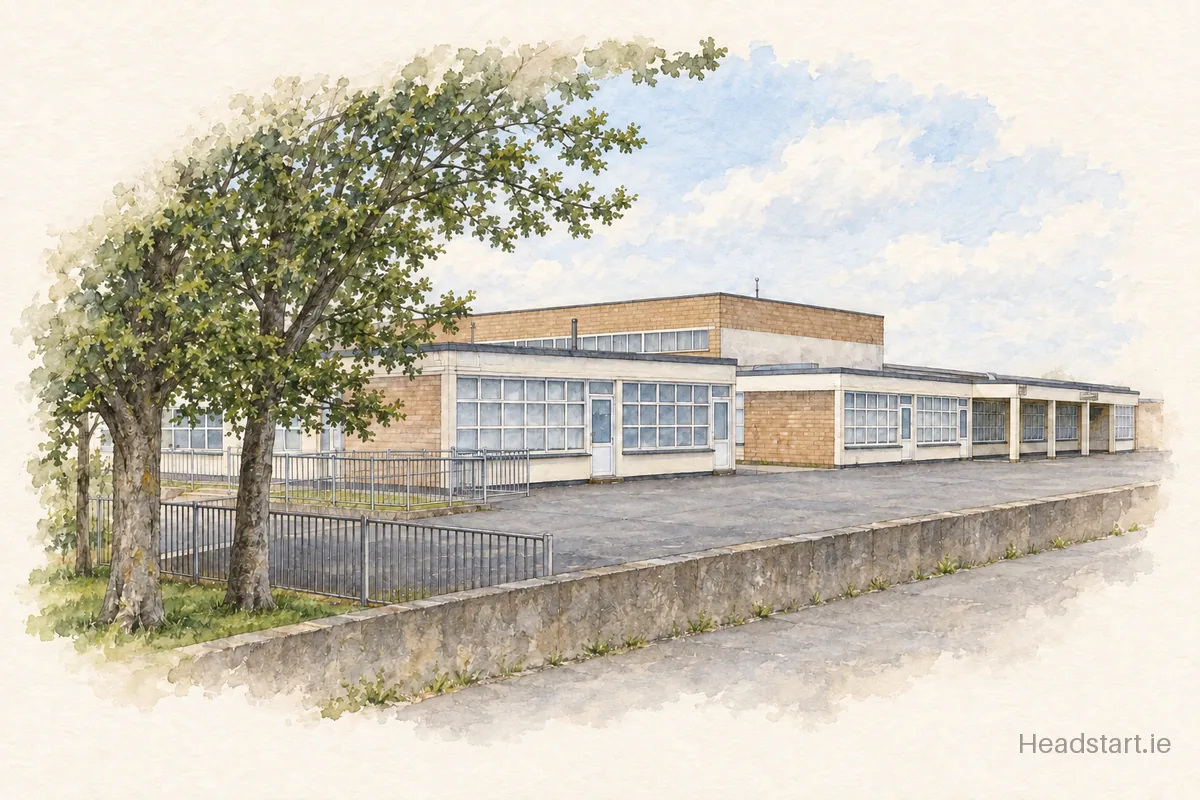 Watercolour illustration of the Mhuire Iosef Junior building, Sutton