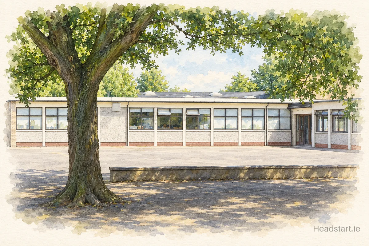 Watercolour illustration of the Scoil Mobhi building, Glasnaíon