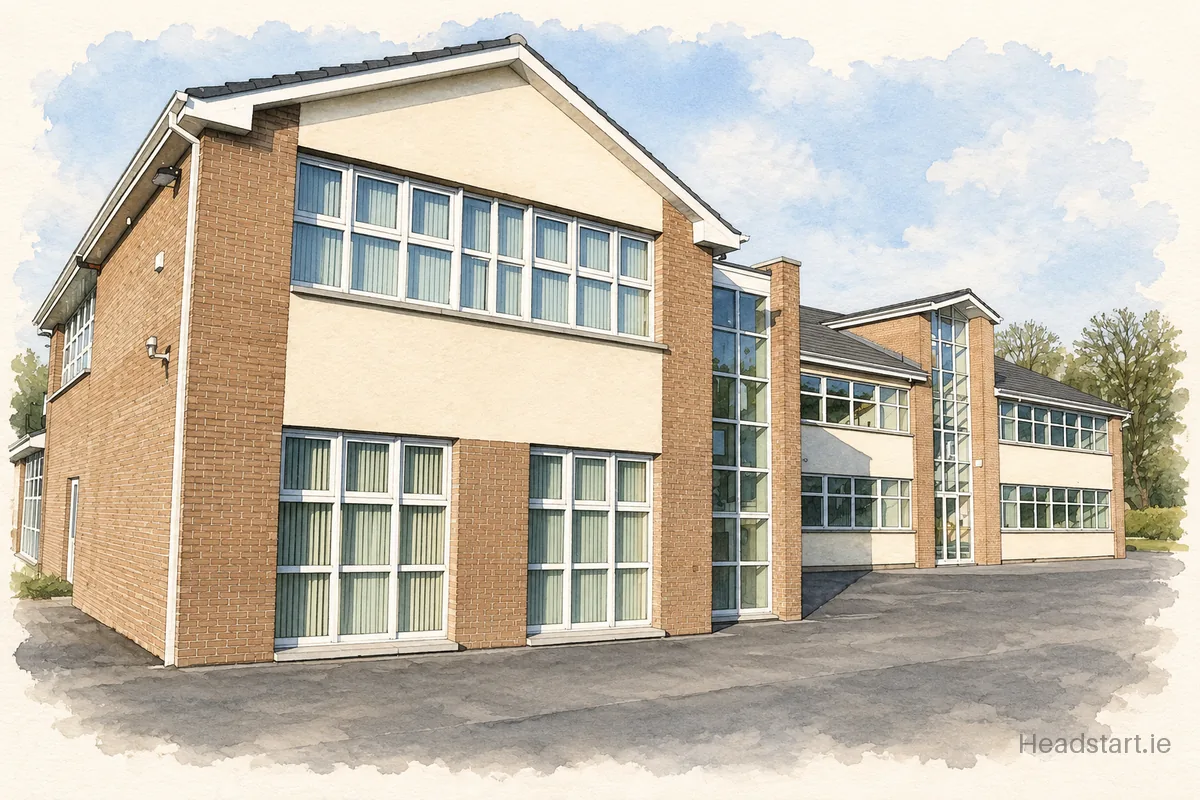 Watercolour illustration of the Glenageary Killiney National School building, Killiney