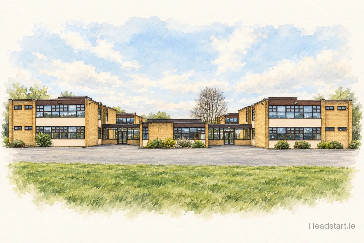 Watercolour illustration of the Scoil Bhride building, Leixlip