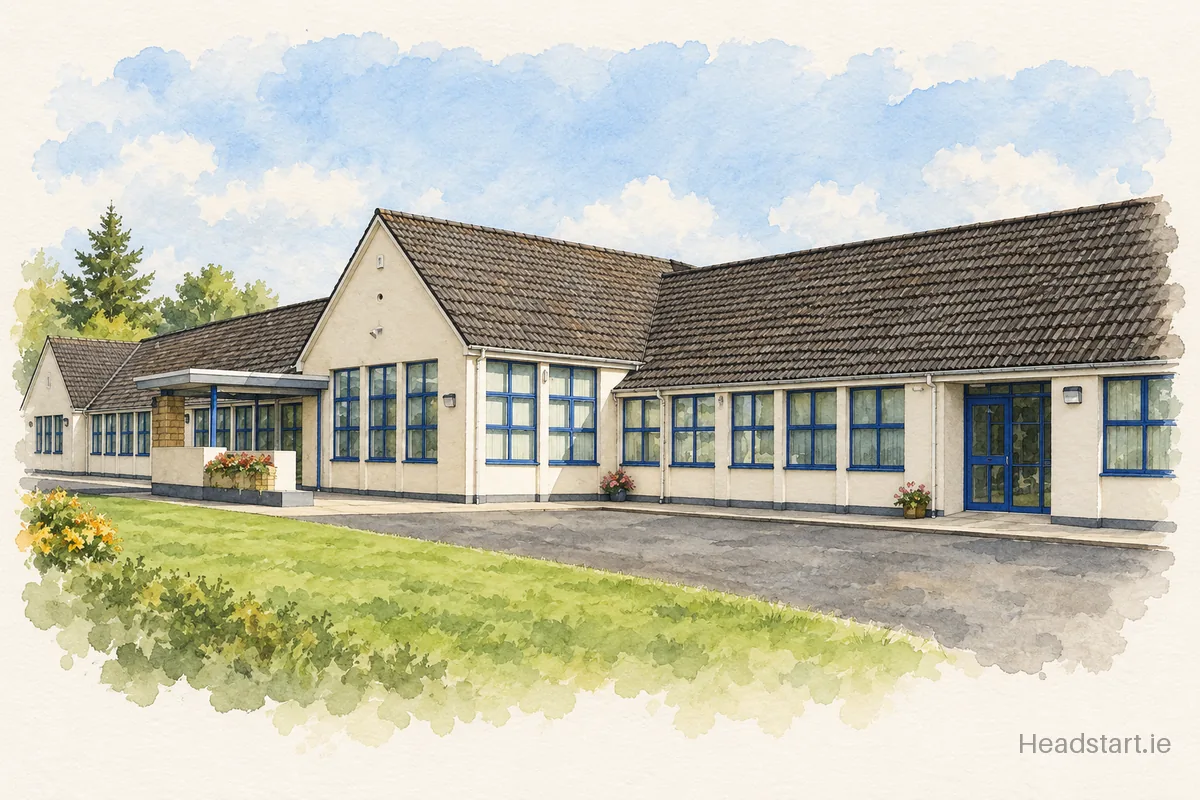 Watercolour illustration of the Ballyraine National School building, Letterkenny