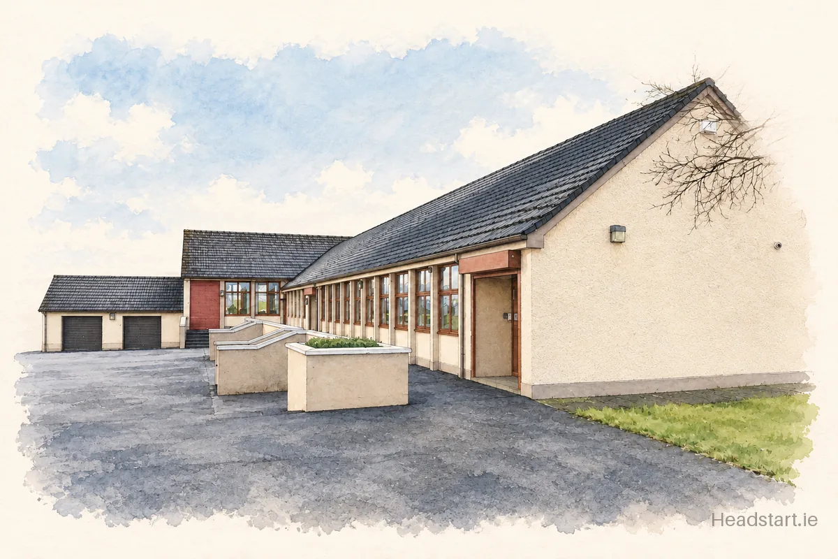 Watercolour illustration of the St Pauls National School Collooney building, Collooney