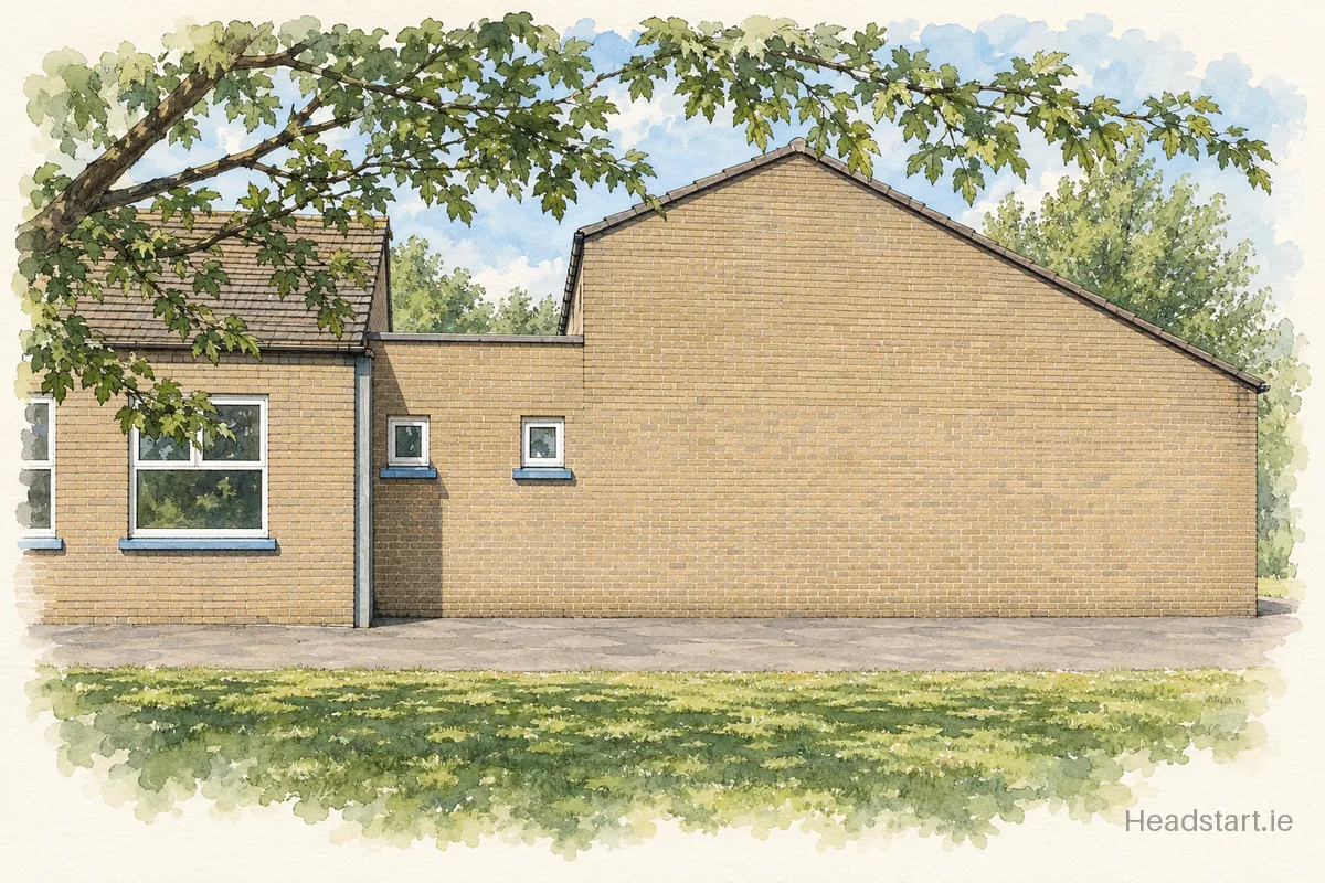 Watercolour illustration of the Scoil An Tseachtar Laoch building, Baile Átha Cliath 11