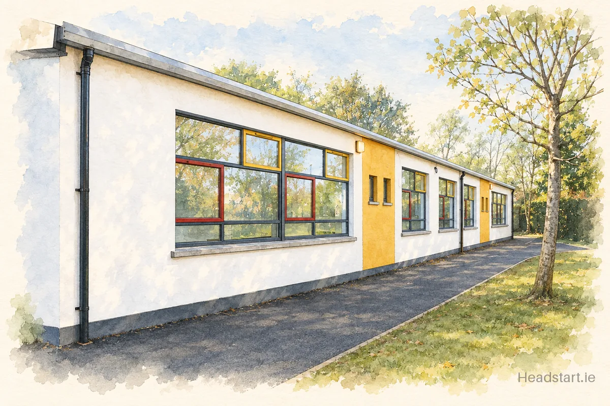 Watercolour illustration of the St Francis Xavier J National School building, Castleknock