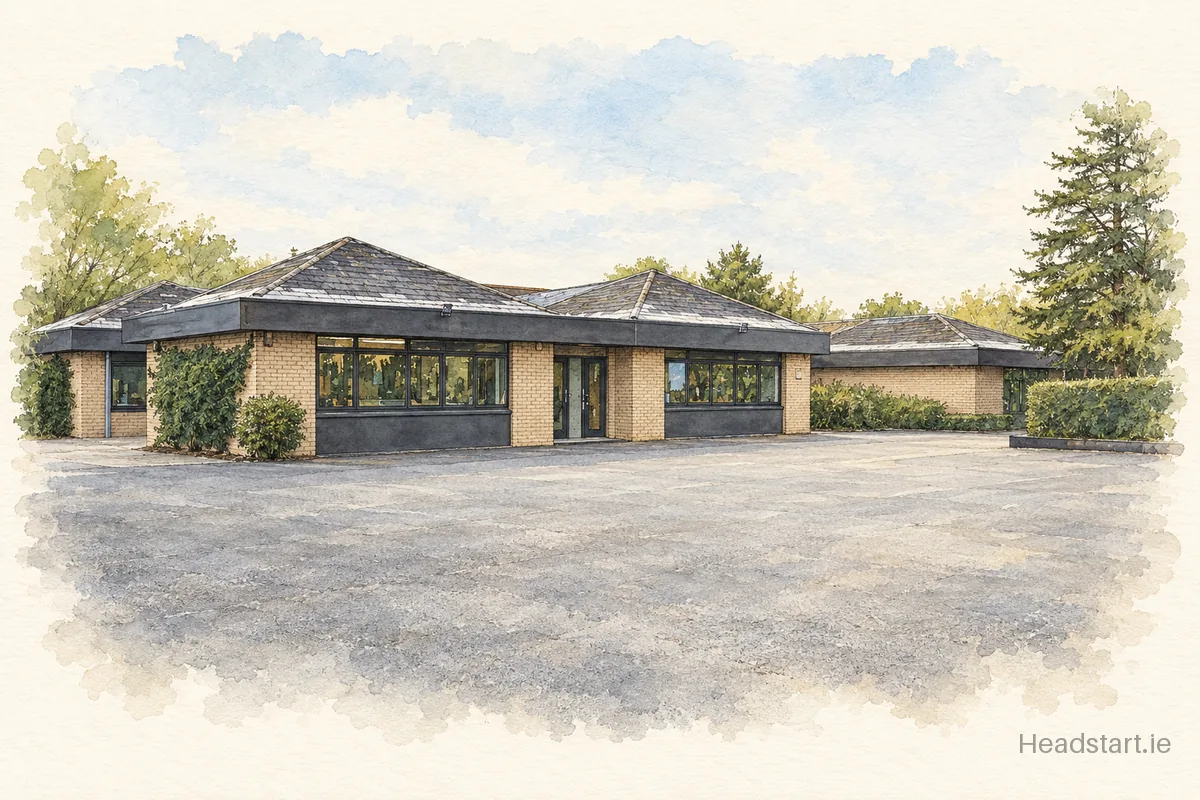 Watercolour illustration of the Scoil Naithi building, Baile an tSaoir