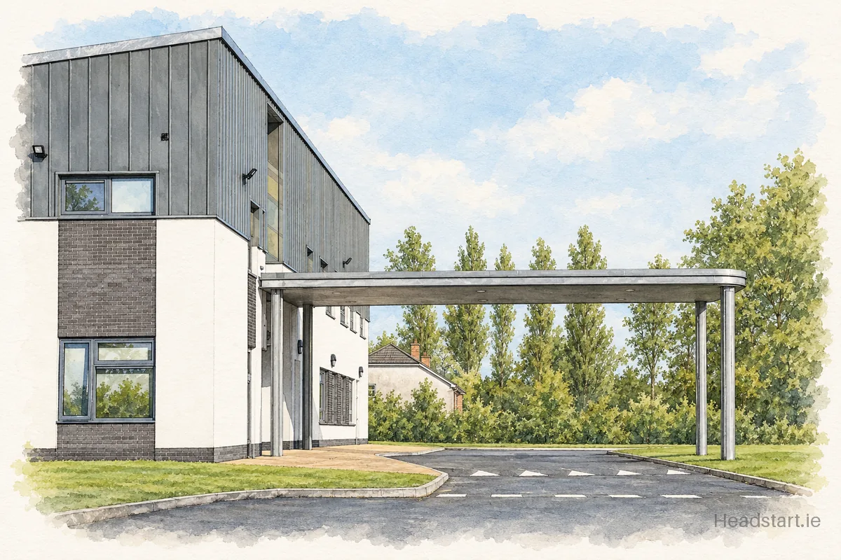 Watercolour illustration of the Holy Family S S building, Cootehill