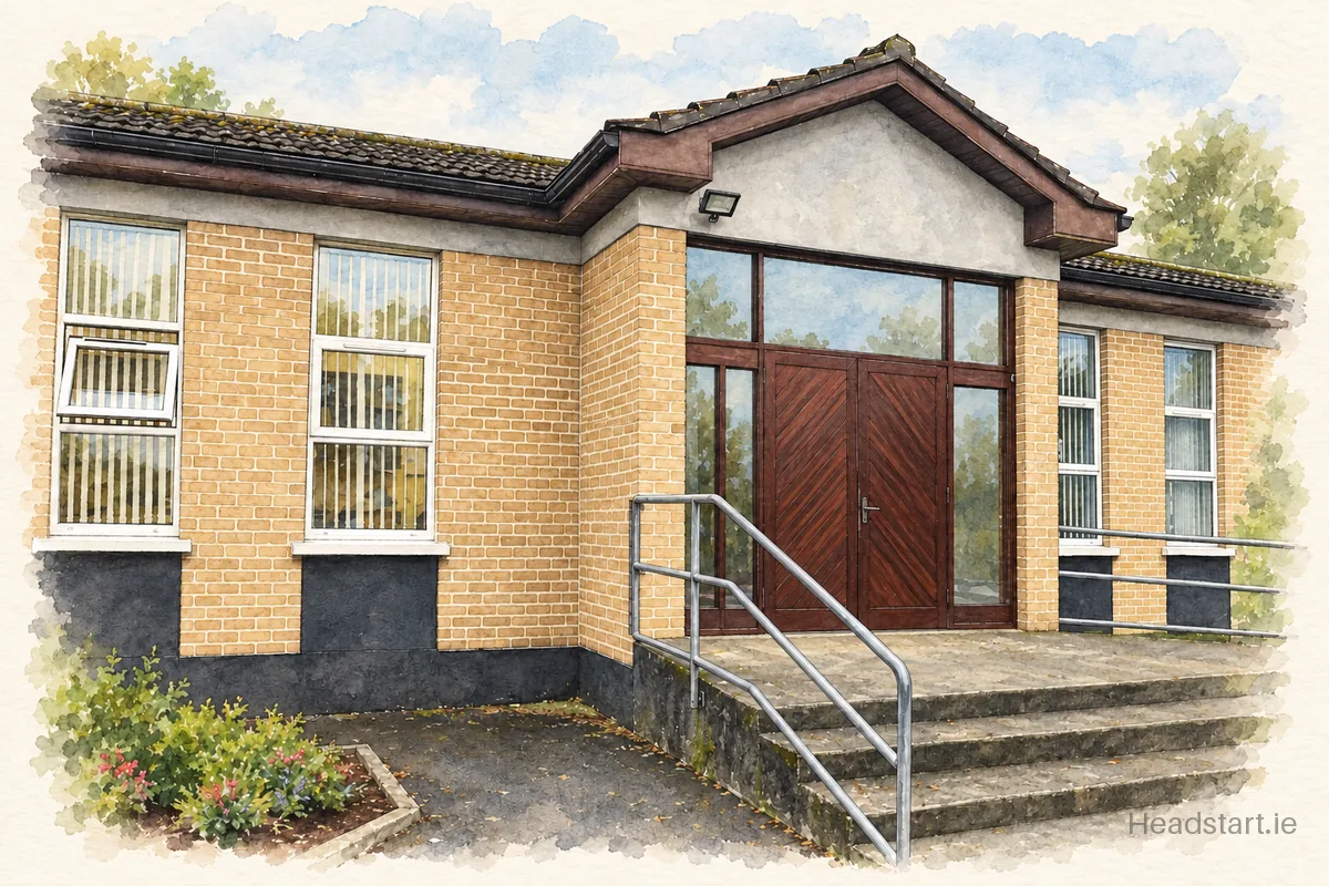 Watercolour illustration of the Scoil Mhuire building, Newbridge