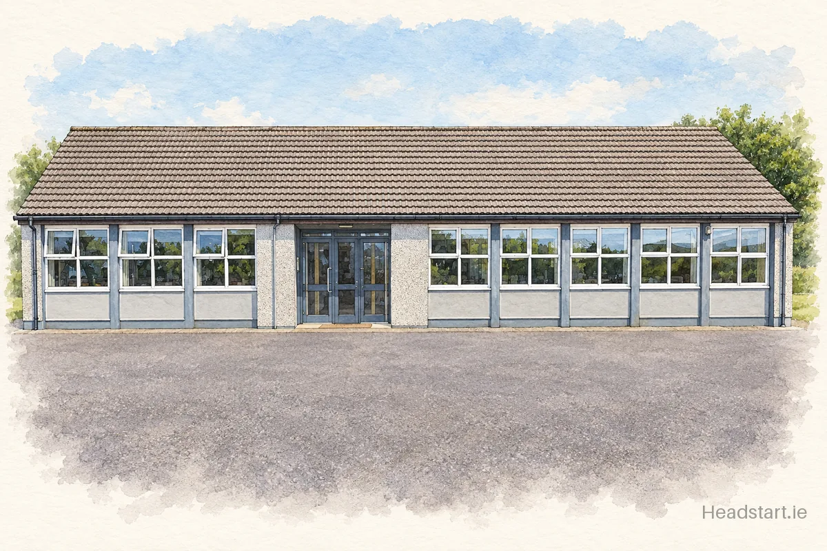 Watercolour illustration of the Scoil Náisiúnta Dar Earca building, Killarney