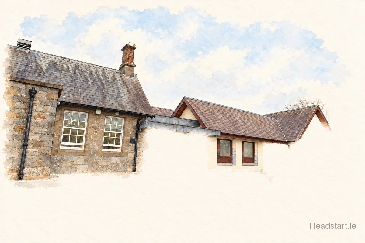 Watercolour illustration of the Phoenix Park Specialist School building, North Road