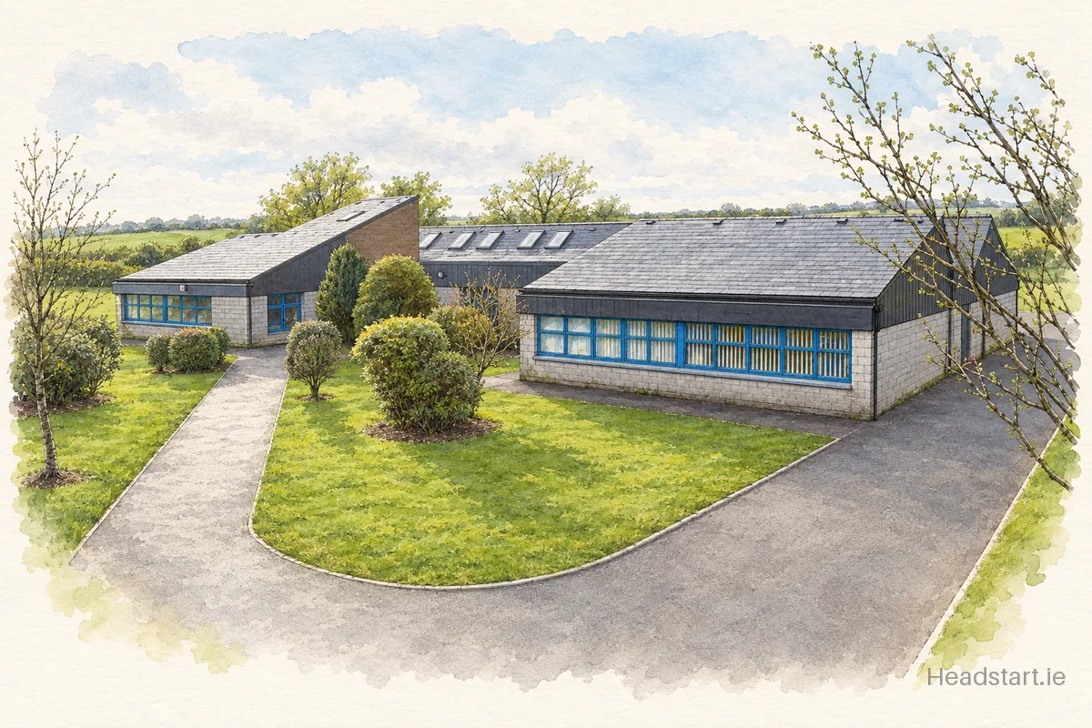 Watercolour illustration of the Ramsgrange Central National School building, New Ross