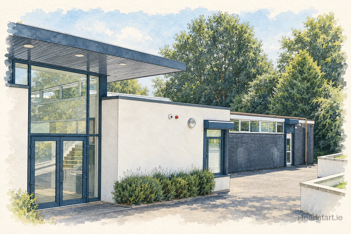 Watercolour illustration of the St Attractas Junior National School building, Dundrum
