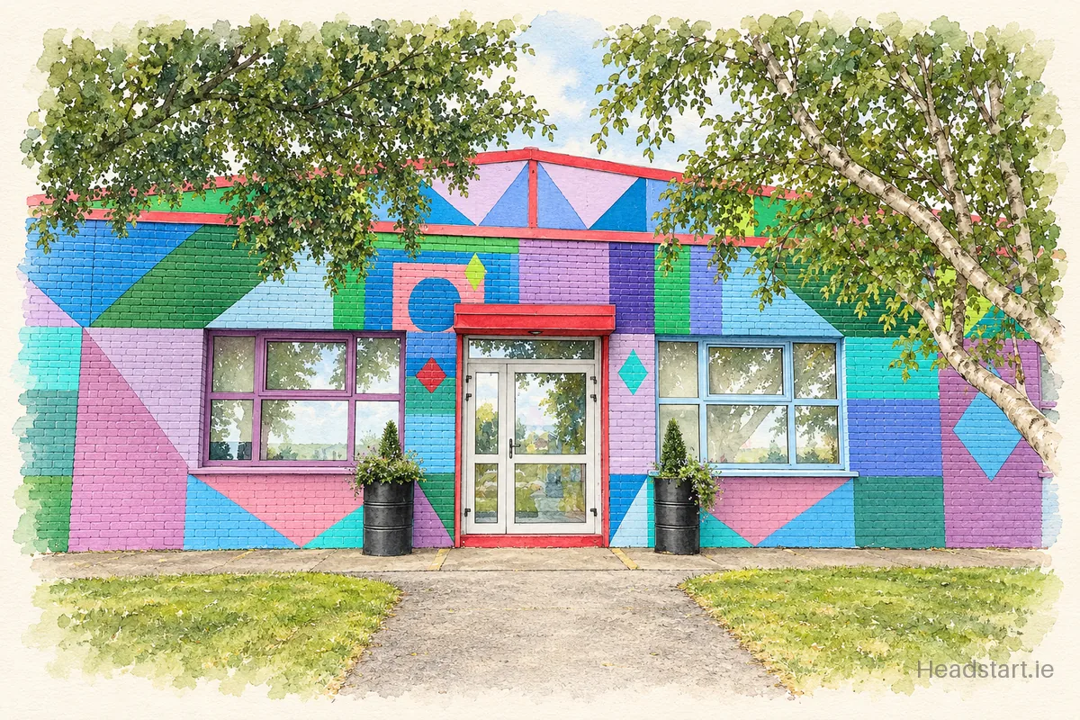 Watercolour illustration of the St Oliver Plunkett National School building, Finglas