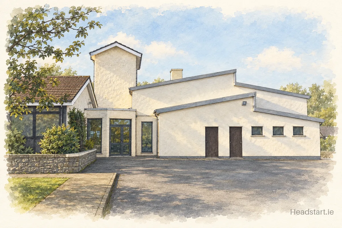 Watercolour illustration of the St Fintans National School building, Sutton