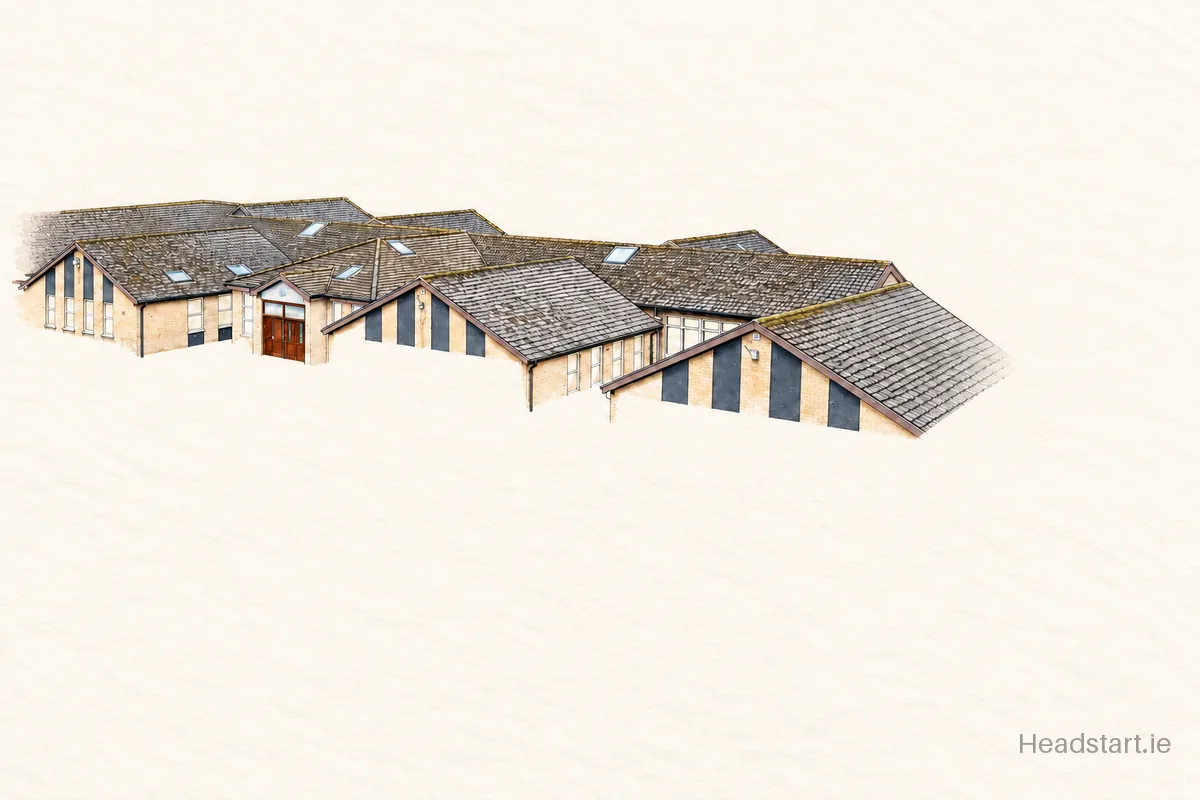 Watercolour illustration of the Scoil Mhuire Junior School building, Newbridge