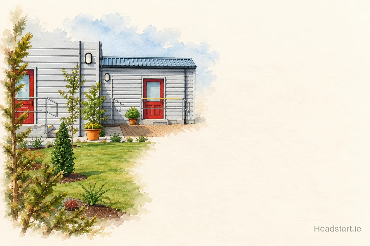 Watercolour illustration of the Scoil Aine building, Galway