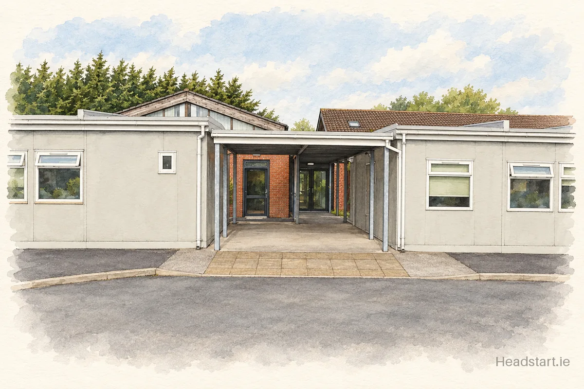 Watercolour illustration of the Scoil Mochua building, Deansrath