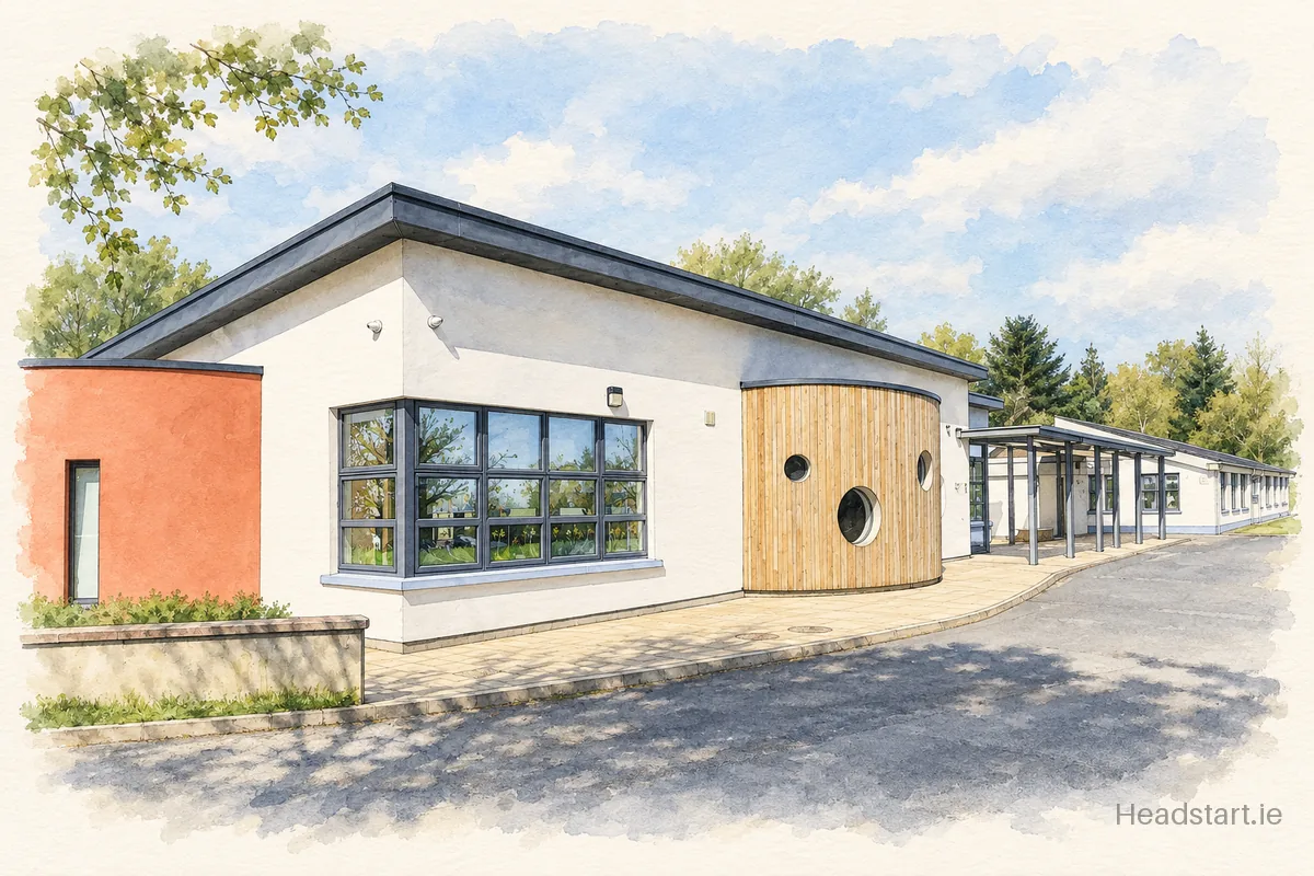 Watercolour illustration of the St Bernadette Special School building, Letterkenny