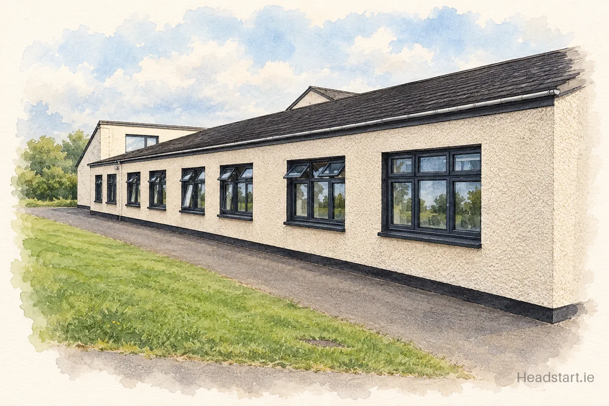Watercolour illustration of the Holy Child Ballycane National School building, Naas