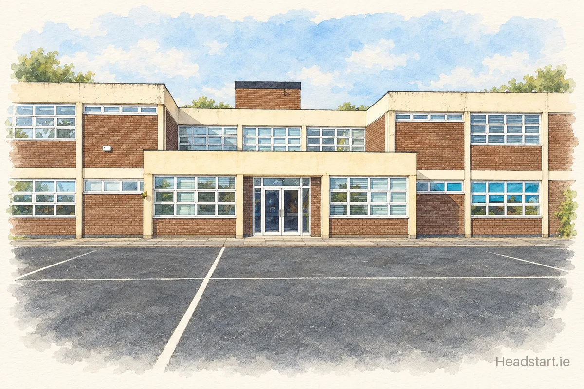 Watercolour illustration of the Scoil Naomh Colmcille building, Donaghmede