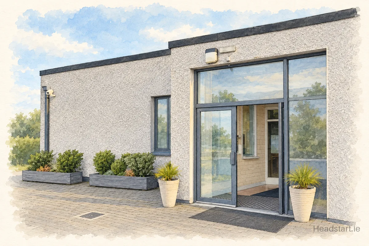 Watercolour illustration of the Scoil Cnoc Mhuire Sin building, Tallaght