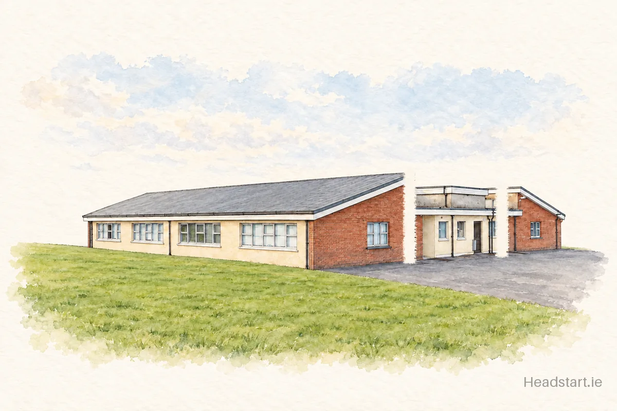 Watercolour illustration of the Scoil Mhuire building, Tallow