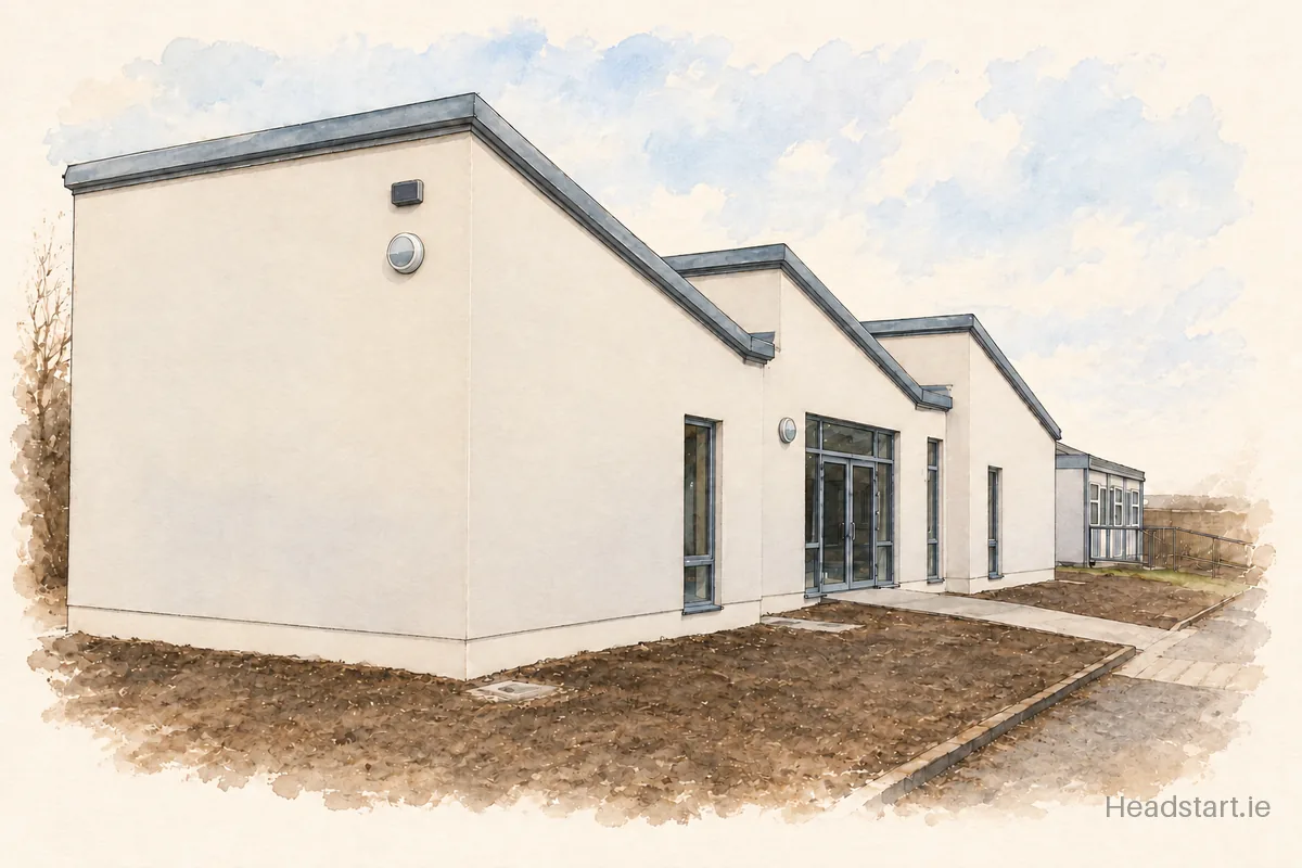 Watercolour illustration of the Scoil Réalt na Mara building, Skerries